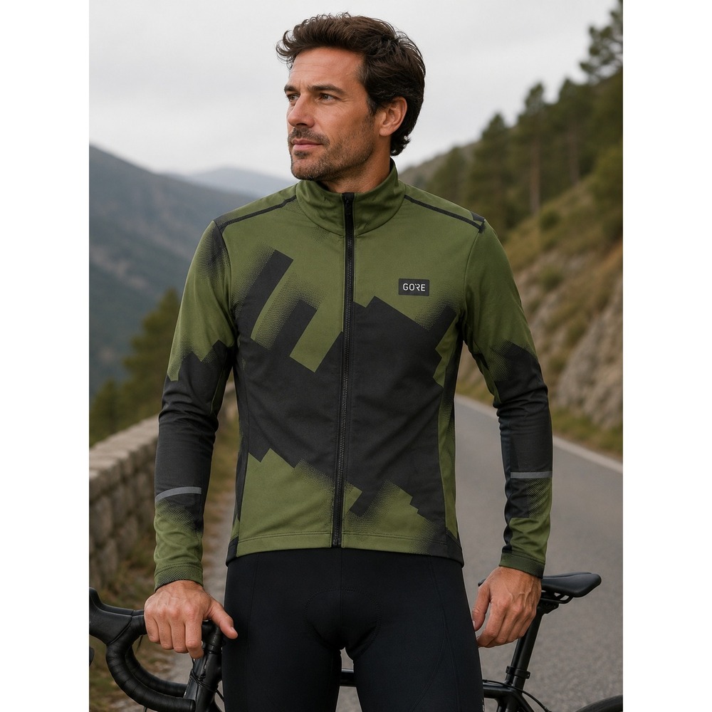 Gorewear Mens C5 Thermo Jersey Olive Green Black Cycling Long Sleeve Small